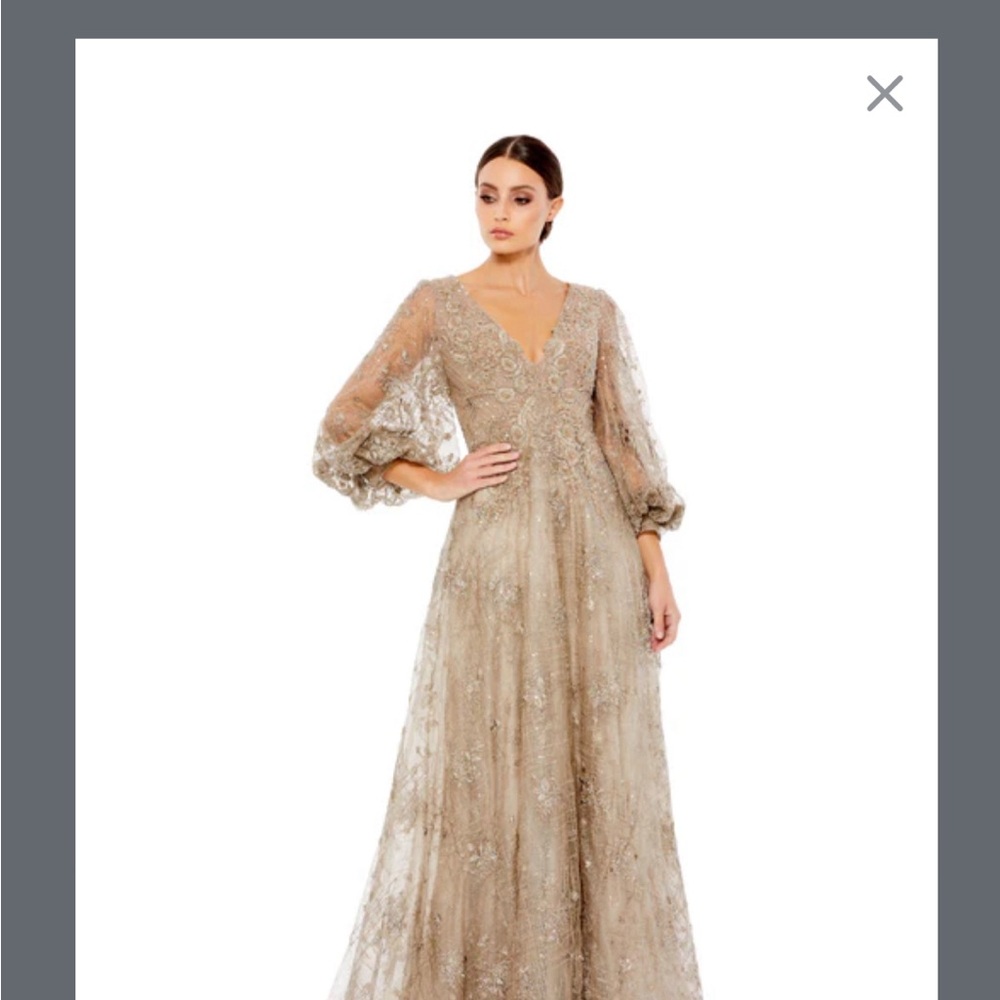 Brand New with Tag Mac Duggal Embellished Plunge Neck Puff Sleeve Gown Mocha